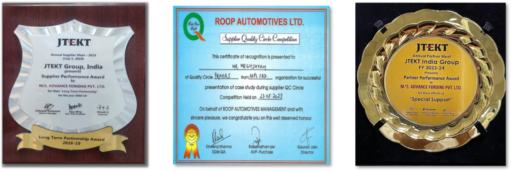 JTEKT and Roop Automotives customer quality recognition plaques